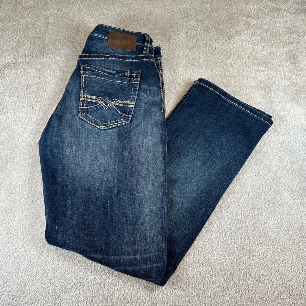 BKE Tyler Straight Leg Jeans Men 34L Dark Wash Blue Heavy Stitch Whiskered Denim